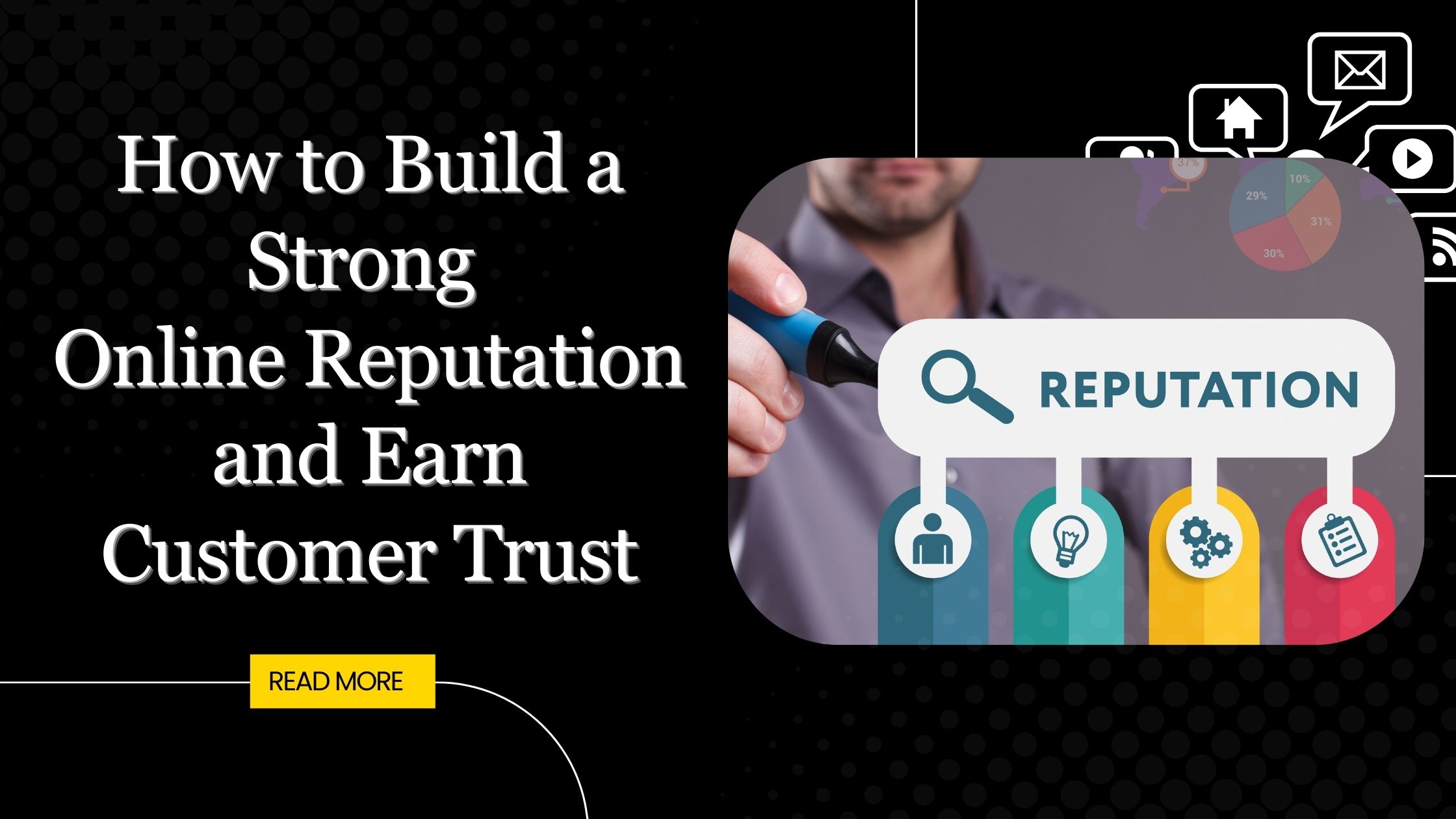 Man highlights digital reputation concept to emphasize building online trust.
